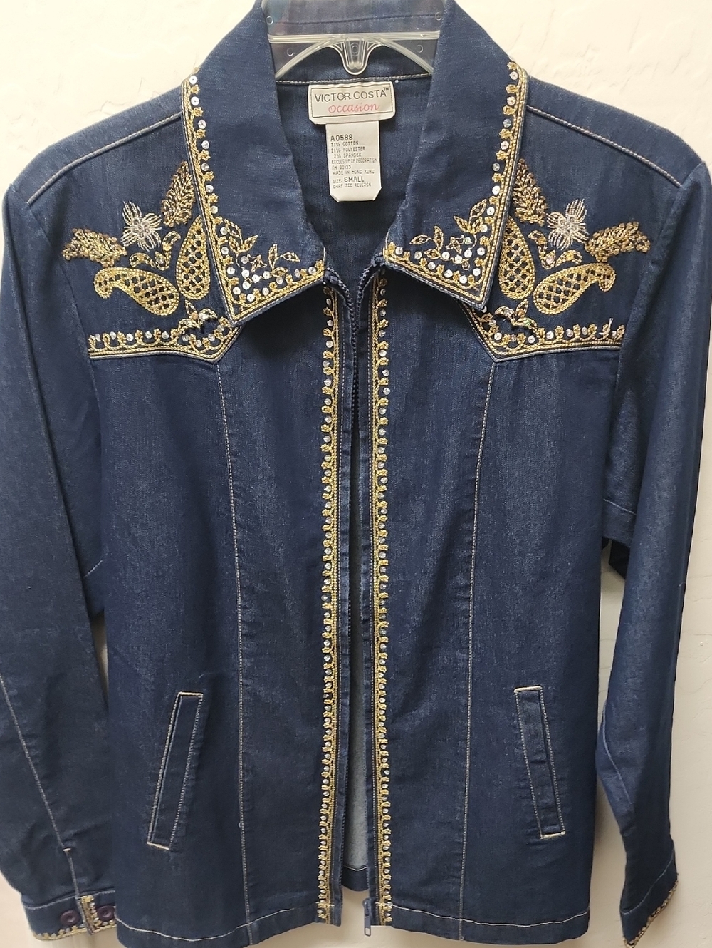Victor Costa Dark Blue Denim Jacket with Gold Embroidery